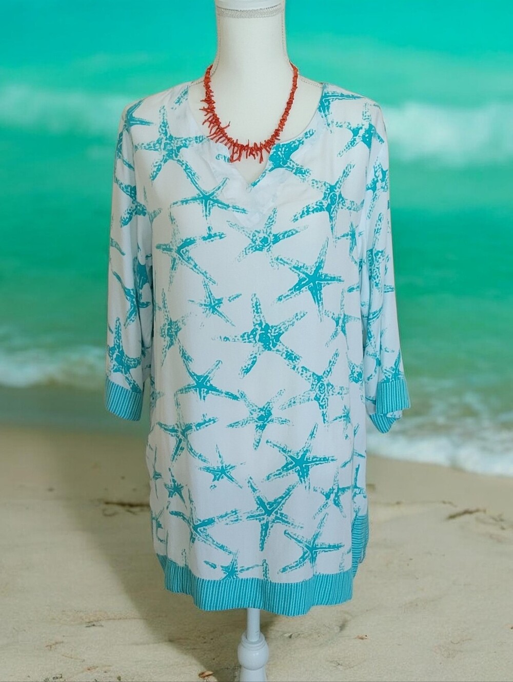 Tybee Island Clothing Co Women’s Starfish Print Tunic in Aqua and White